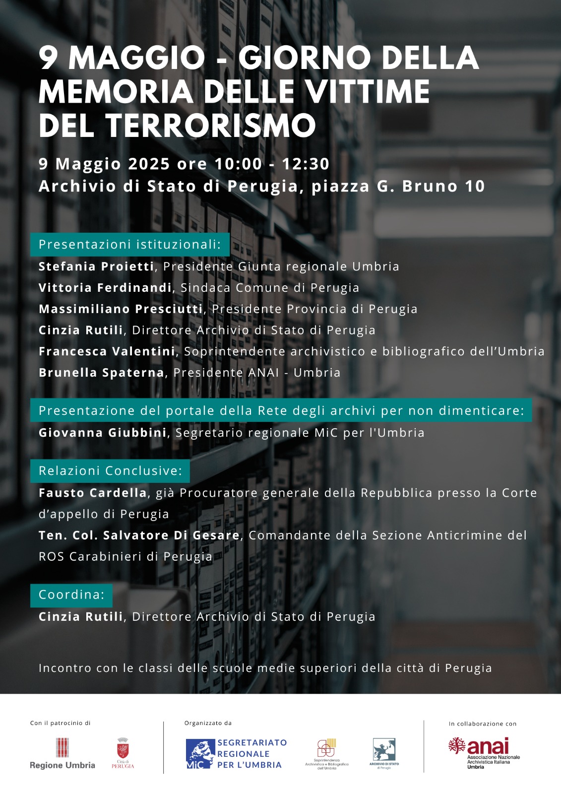 “Giorno della memoria delle vittime del terrorismo” –  Incontro con gli studenti a Perugia per riflettere sulla storia e costruire il futuro
